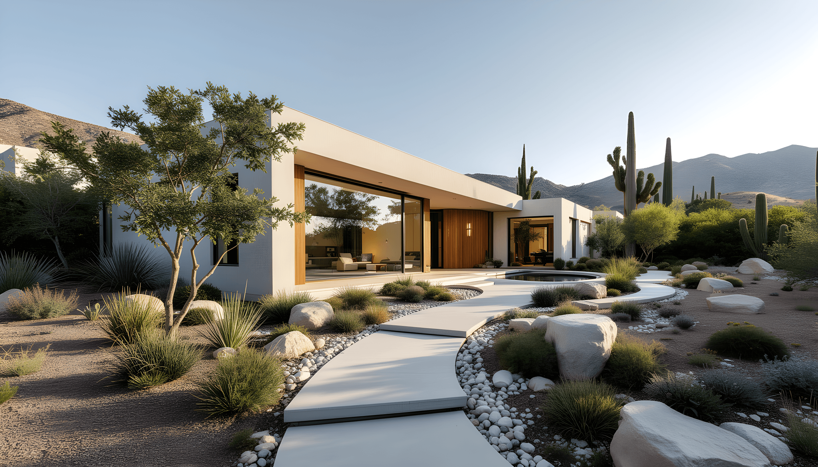 On a hill stands a modern, elegant house with large windows. In front, a terrace overlooks a green valley. The sky is warm, with the setting sun illuminating the house and hills. The scene feels peaceful and luxurious.